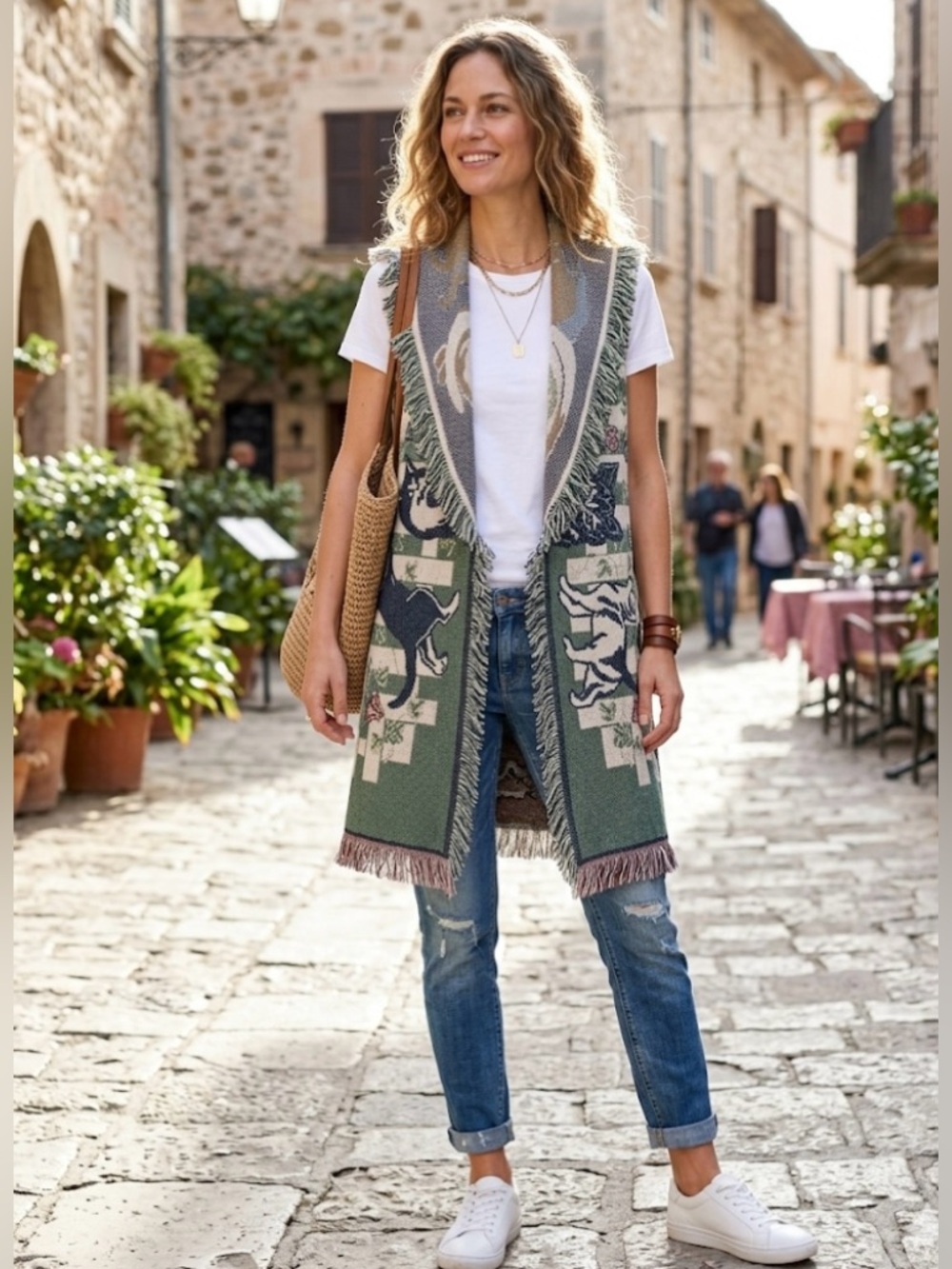 VTG 1993 Sugar Street Weavers Cat Tapestry Vest Elizabeth T MWW Duster Large